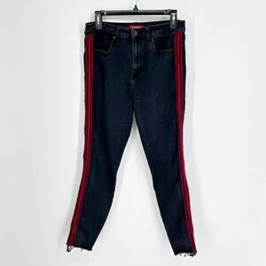 Guess Womens Sz 30 Black Jeans Burgundy Velvet Stripe High Rise Raw Hem Soft